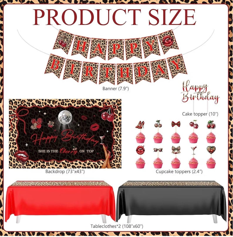 Cheetah Print Birthday Decorations, 124 Pcs Leopard Birthday Decorations Includes Cheetah and Cherry Print Balloons, Banner and Tablecloth…