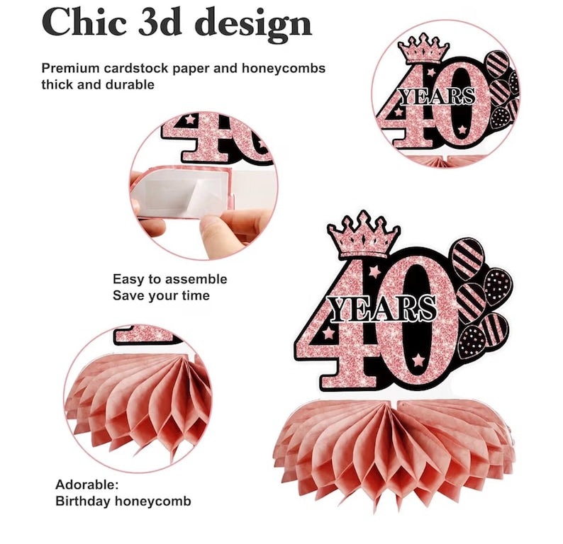 40th Birthday Decorations for Women,32PCS 40th birthday party kits,Including Vintage 1985 Backdrop,banner,Anniversary Card,Honeycomb,Balloon