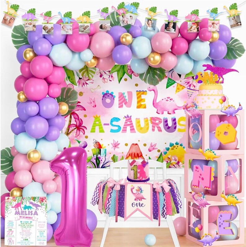 One a Saurus Birthday Decorations Pink Dinosaur Party Pack for 1st Birthday Girl, Includes Backdrop, Balloon Banner, Cake Topper, Box, Crown