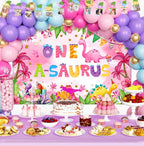 One a Saurus Birthday Decorations Pink Dinosaur Party Pack for 1st Birthday Girl, Includes Backdrop, Balloon Banner, Cake Topper, Box, Crown