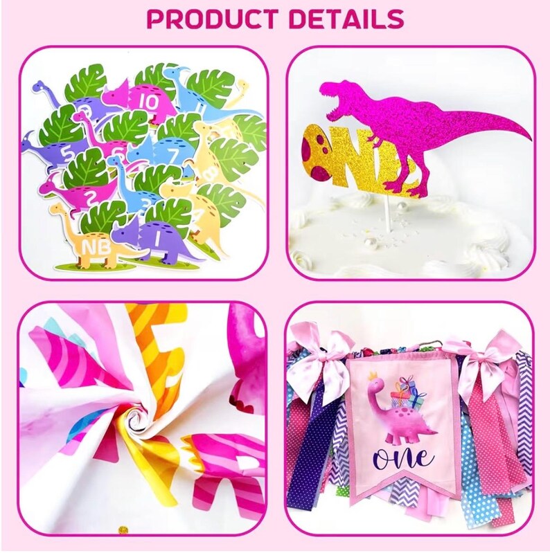 One a Saurus Birthday Decorations Pink Dinosaur Party Pack for 1st Birthday Girl, Includes Backdrop, Balloon Banner, Cake Topper, Box, Crown