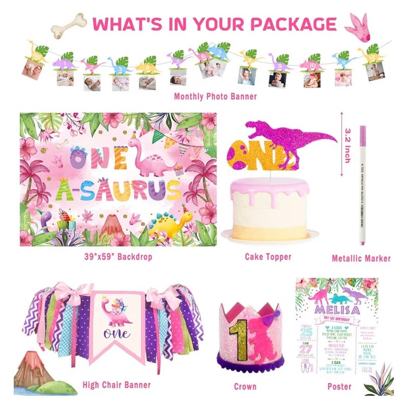 One a Saurus Birthday Decorations Pink Dinosaur Party Pack for 1st Birthday Girl, Includes Backdrop, Balloon Banner, Cake Topper, Box, Crown