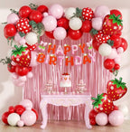 Strawberry Birthday Party Decorations with Pink Fringe Curtain Happy Birthday Banner Pink Red Sand White Balloons for Strawberry Themed