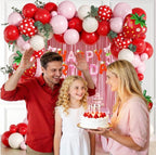 Strawberry Birthday Party Decorations with Pink Fringe Curtain Happy Birthday Banner Pink Red Sand White Balloons for Strawberry Themed