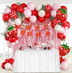 Strawberry Birthday Party Decorations with Pink Fringe Curtain Happy Birthday Banner Pink Red Sand White Balloons for Strawberry Themed