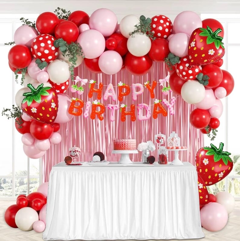 Strawberry Birthday Party Decorations with Pink Fringe Curtain Happy Birthday Banner Pink Red Sand White Balloons for Strawberry Themed