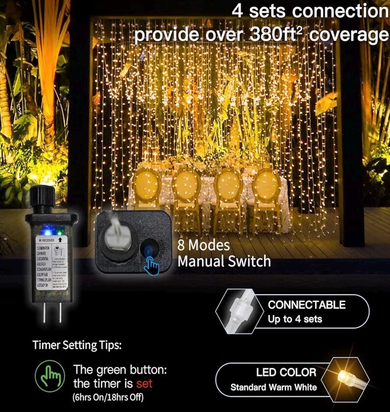 300 LED Curtain Lights with 18 Hang Down String Lights, 10×10 ft Plug in Hanging Fairy Lights for Twinkle Lights for Wedding Backdrop Patio
