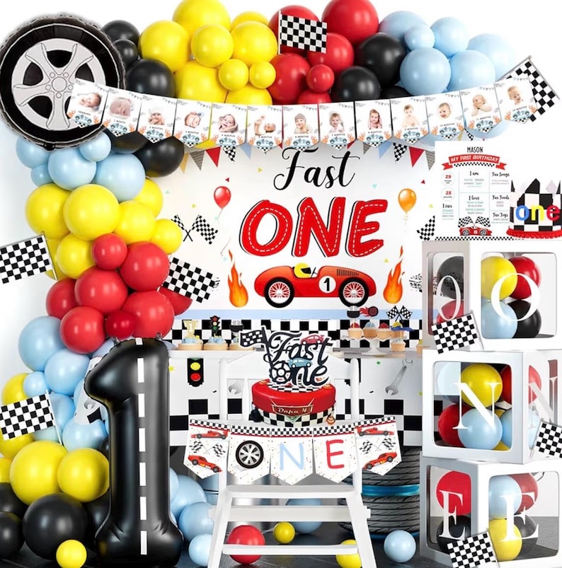 Fast One Race Car Birthday Decorations, 1st Birthday Party Kit with Balloon Garland Arch, Cake Topper, Backdrop, ONE Boxes