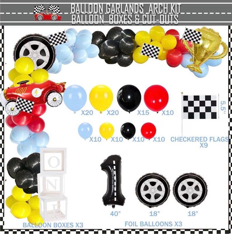 Fast One Race Car Birthday Decorations, 1st Birthday Party Kit with Balloon Garland Arch, Cake Topper, Backdrop, ONE Boxes