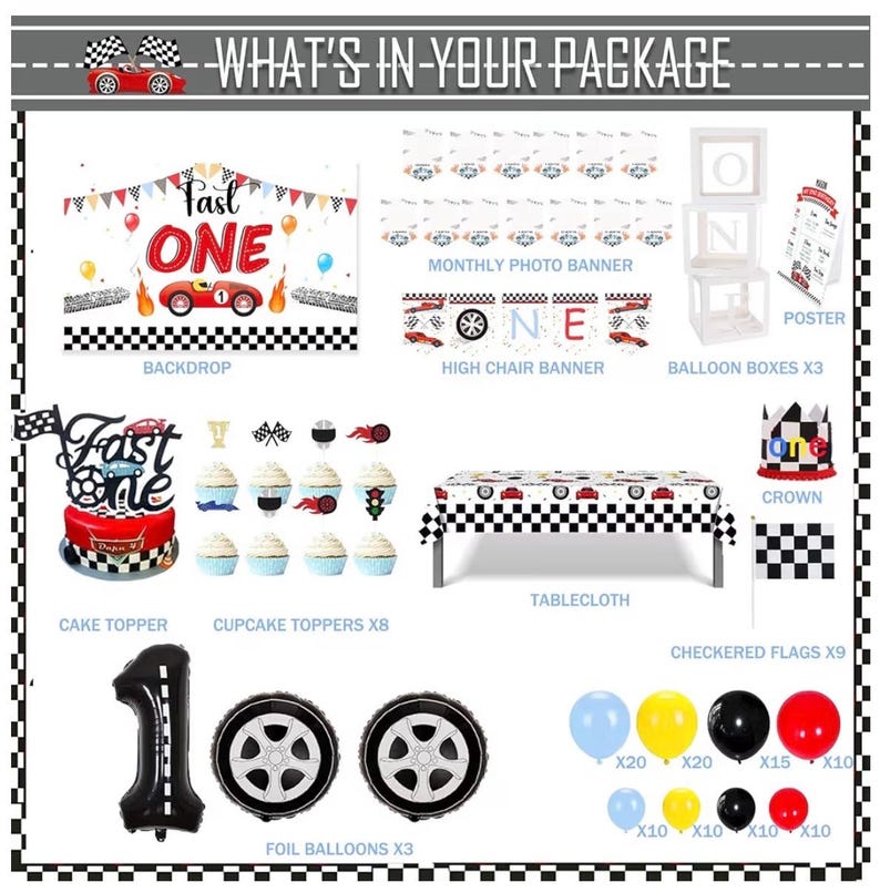 Fast One Race Car Birthday Decorations, 1st Birthday Party Kit with Balloon Garland Arch, Cake Topper, Backdrop, ONE Boxes