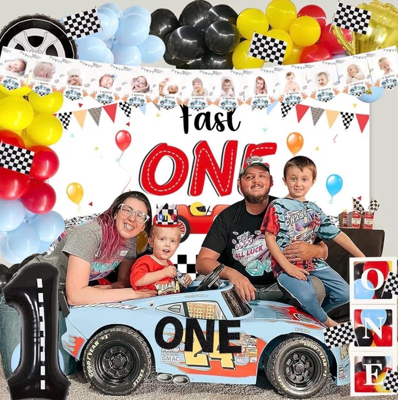Fast One Race Car Birthday Decorations, 1st Birthday Party Kit with Balloon Garland Arch, Cake Topper, Backdrop, ONE Boxes