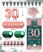 30th Birthday Decorations for Women Men,Birthday Banner  Cake Topper Number 30 Foil Balloon, Sage Green Rose Gold  Balloons for 30 Year Old
