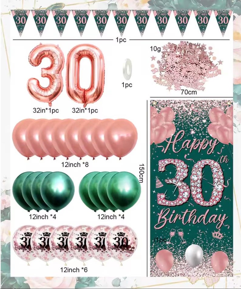 30th Birthday Decorations for Women Men,Birthday Banner  Cake Topper Number 30 Foil Balloon, Sage Green Rose Gold  Balloons for 30 Year Old
