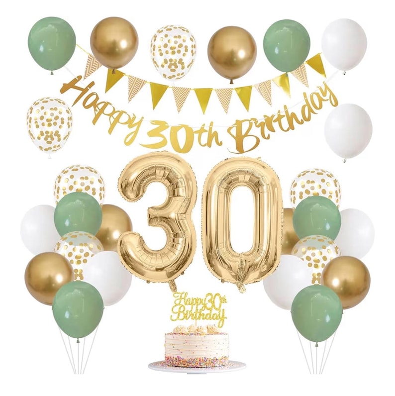 30th Birthday Decorations for Women Men,Happy Banner With Cake Topper Number 30 Foil Balloon, Sage Green White Gold Balloons for 30 Year Old