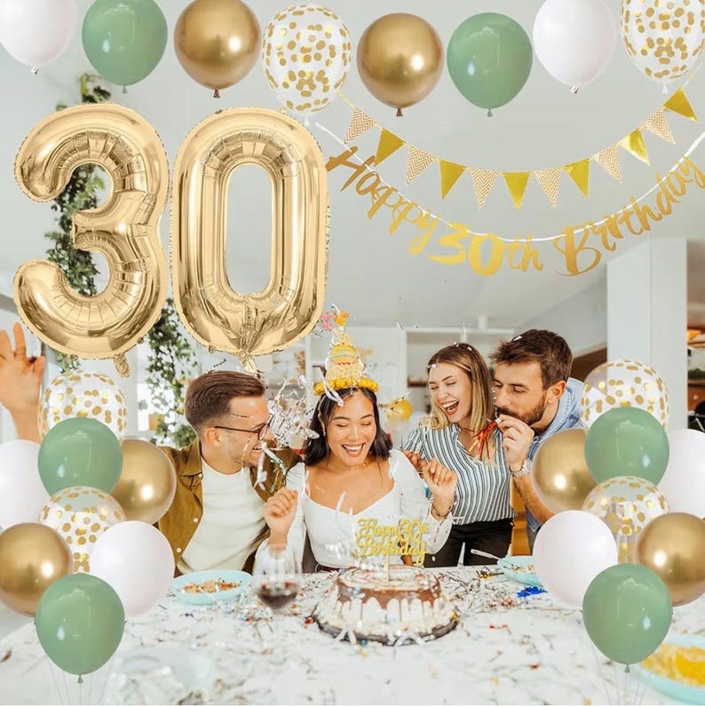 30th Birthday Decorations for Women Men,Happy Banner With Cake Topper Number 30 Foil Balloon, Sage Green White Gold Balloons for 30 Year Old