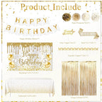 Gold Birthday Party Decorations White and Gold Birthday Decorations for Women Girls with Beige Cream Balloon Arch Sash Golden Tablecloth