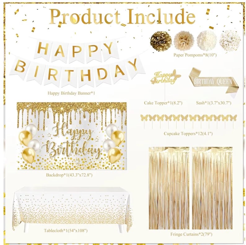 Gold Birthday Party Decorations White and Gold Birthday Decorations for Women Girls with Beige Cream Balloon Arch Sash Golden Tablecloth