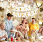 Gold Birthday Party Decorations White and Gold Birthday Decorations for Women Girls with Beige Cream Balloon Arch Sash Golden Tablecloth