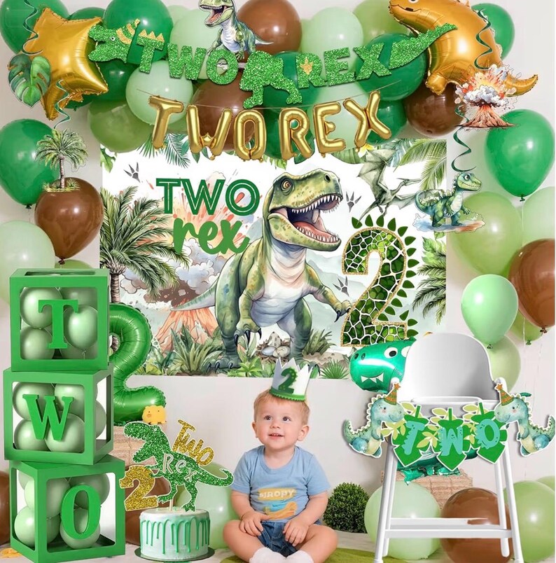 Two Rex Birthday Decorations Boy,Dinosaur 2nd Birthday Party Decorations Boys ,2 Rex Dinosaur Dino Party Decor Supplies Backdrop Balloon Box