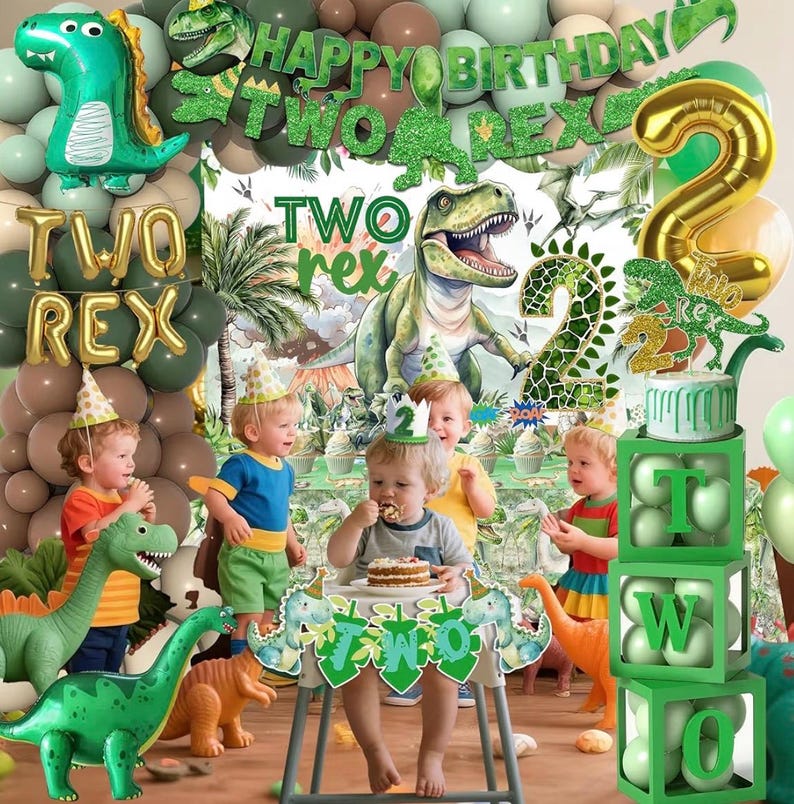 Two Rex Birthday Decorations Boy,Dinosaur 2nd Birthday Party Decorations Boys ,2 Rex Dinosaur Dino Party Decor Supplies Backdrop Balloon Box