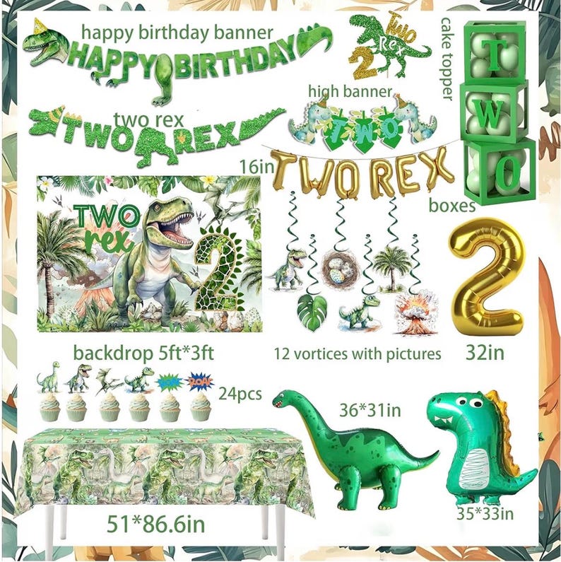 Two Rex Birthday Decorations Boy,Dinosaur 2nd Birthday Party Decorations Boys ,2 Rex Dinosaur Dino Party Decor Supplies Backdrop Balloon Box