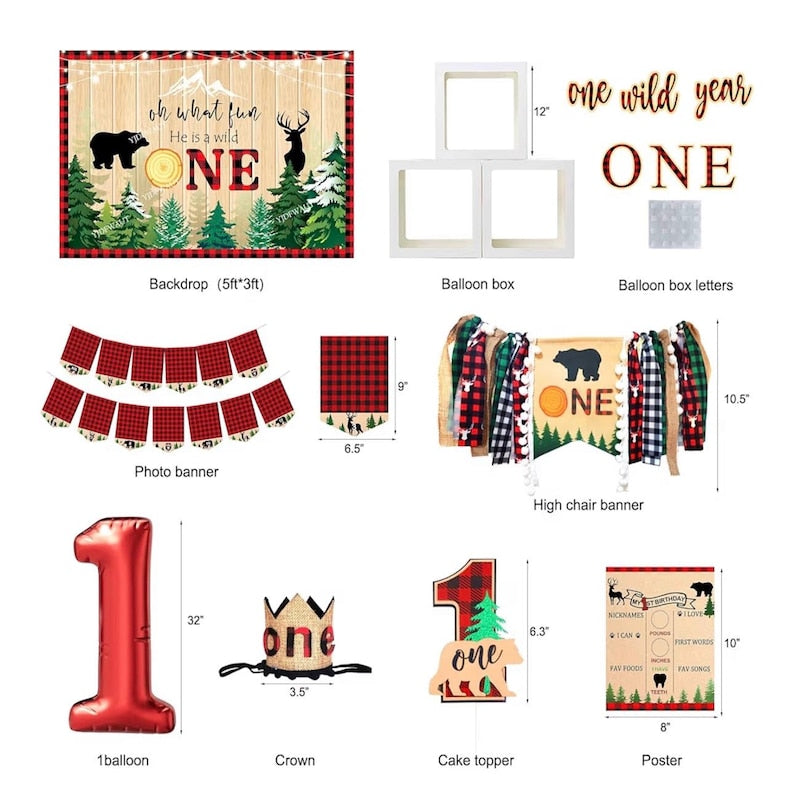 Lumberjack First Birthday Decorations, Lumberjack 1st Birthday Party Supplies,Buffalo Plaid Monthly Photo Banner Highchair Banner First Bday