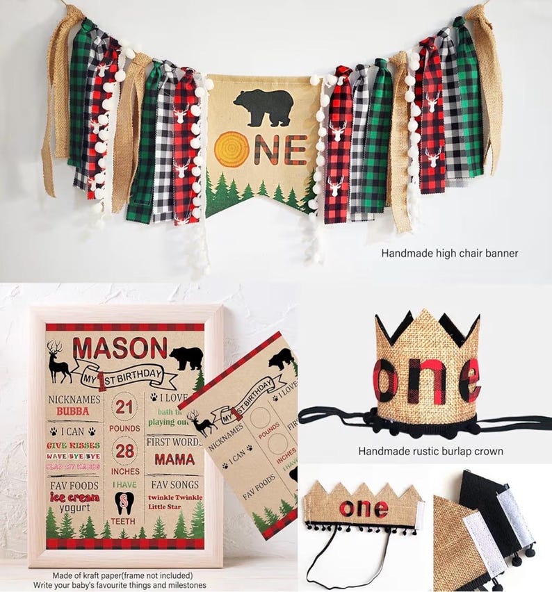 Lumberjack First Birthday Decorations, Lumberjack 1st Birthday Party Supplies,Buffalo Plaid Monthly Photo Banner Highchair Banner First Bday