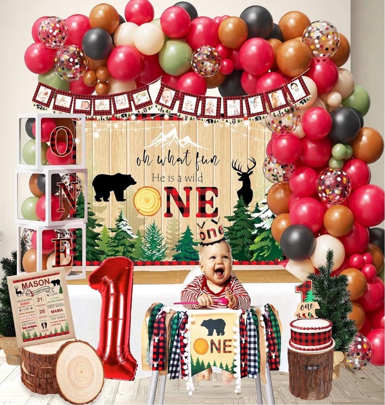 Lumberjack First Birthday Decorations, Lumberjack 1st Birthday Party Supplies,Buffalo Plaid Monthly Photo Banner Highchair Banner First Bday