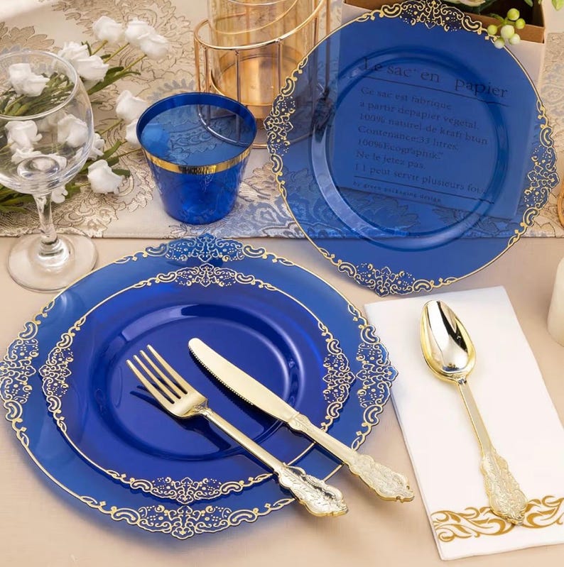 350PCS Clear Blue Plastic Plates for 50 Guests, Disposable Plates with Gold Trim include 50 Dinner and Dessert Plates, 150 Gold Silverware