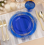350PCS Clear Blue Plastic Plates for 50 Guests, Disposable Plates with Gold Trim include 50 Dinner and Dessert Plates, 150 Gold Silverware