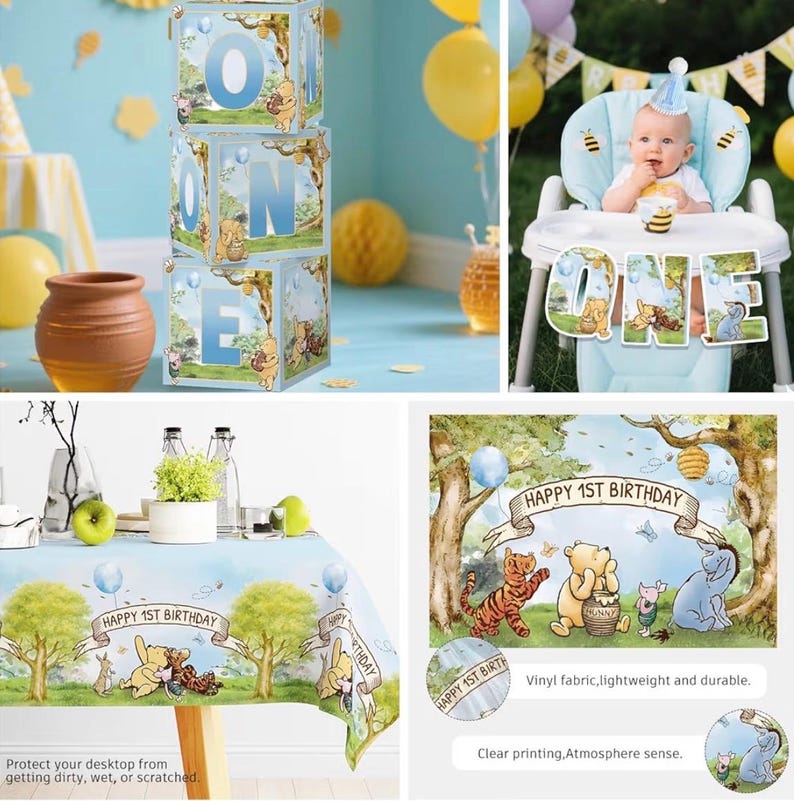 Winnie 1st Birthday Decorations Pooh Bear Balloon Arch Kit Banner Cake Decorations First Birthday Backdrop Pooh Plates And Napkins Set