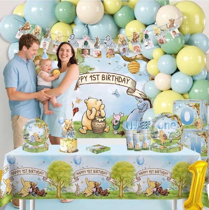 Winnie 1st Birthday Decorations Pooh Bear Balloon Arch Kit Banner Cake Decorations First Birthday Backdrop Pooh Plates And Napkins Set