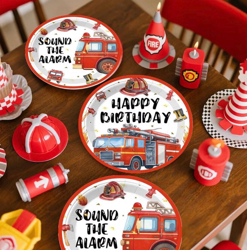 234pcs Firetruck Birthday Decorations, All-in-one Set Includes 300gsm Paper Plates Waterproof Plastic Tablecloth, Balloons,Fire Truck Decor