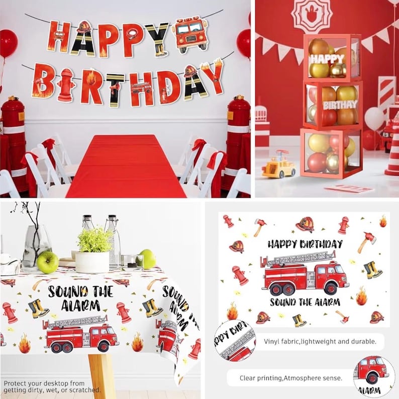234pcs Firetruck Birthday Decorations, All-in-one Set Includes 300gsm Paper Plates Waterproof Plastic Tablecloth, Balloons,Fire Truck Decor
