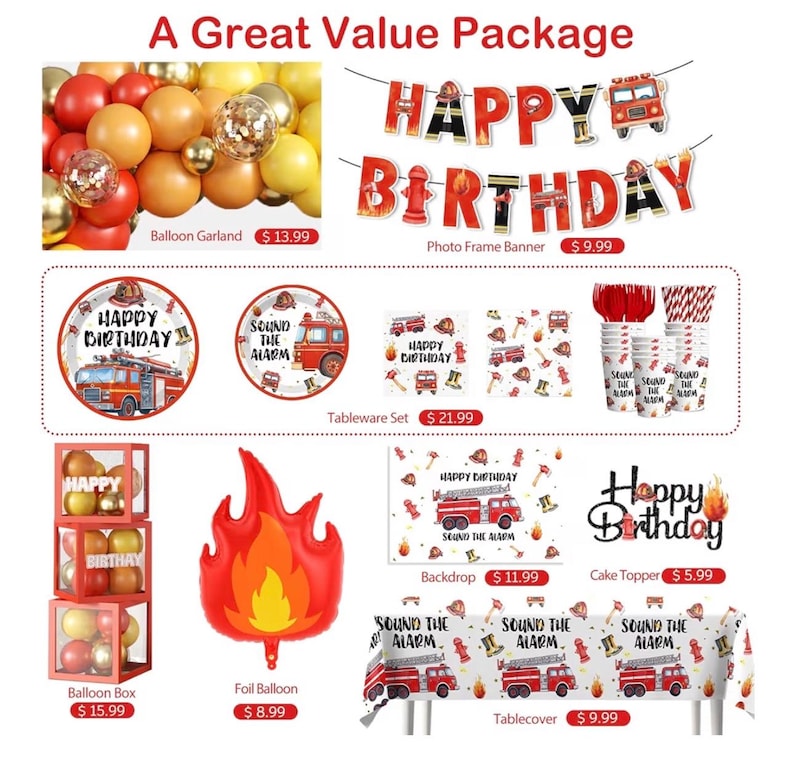 234pcs Firetruck Birthday Decorations, All-in-one Set Includes 300gsm Paper Plates Waterproof Plastic Tablecloth, Balloons,Fire Truck Decor