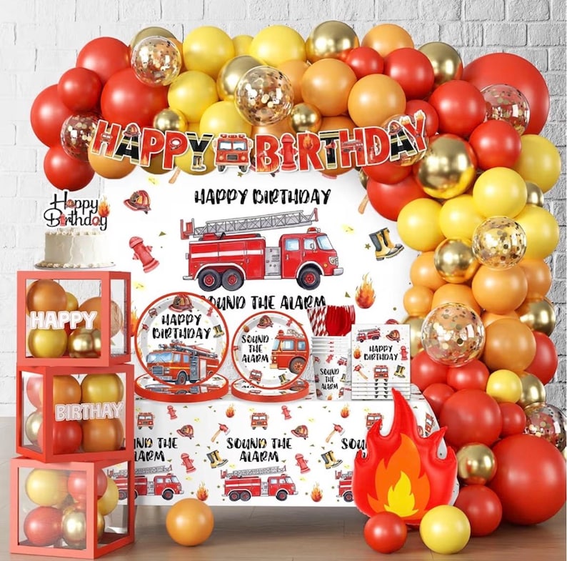234pcs Firetruck Birthday Decorations, All-in-one Set Includes 300gsm Paper Plates Waterproof Plastic Tablecloth, Balloons,Fire Truck Decor