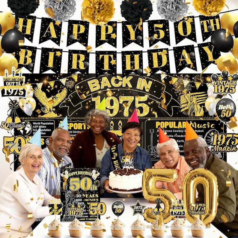 50th Birthday Decorations Men Women, Black Gold Back in 1976 Poster Backdrop Balloons Hanging Swirls, Happy 50th Birthday Sash Door Banners