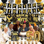 50th Birthday Decorations Men Women, Black Gold Back in 1976 Poster Backdrop Balloons Hanging Swirls, Happy 50th Birthday Sash Door Banners
