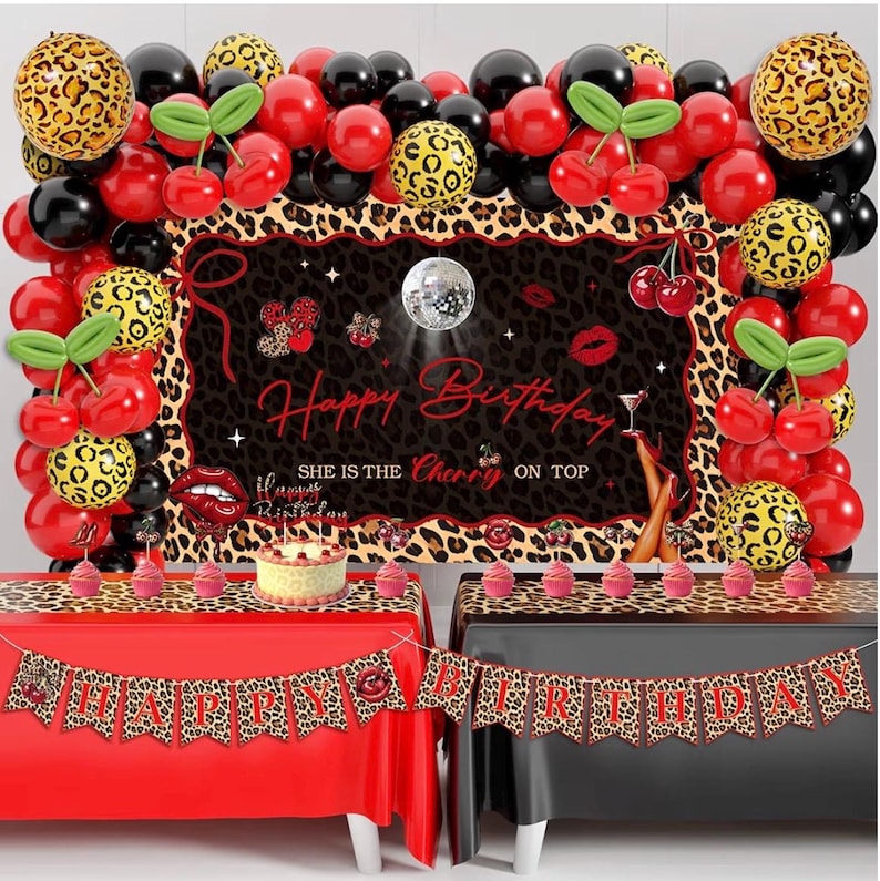 Cheetah Print Birthday Decorations, 124 Pcs Leopard Birthday Decorations Includes Cheetah and Cherry Print Balloons, Banner and Tablecloth…