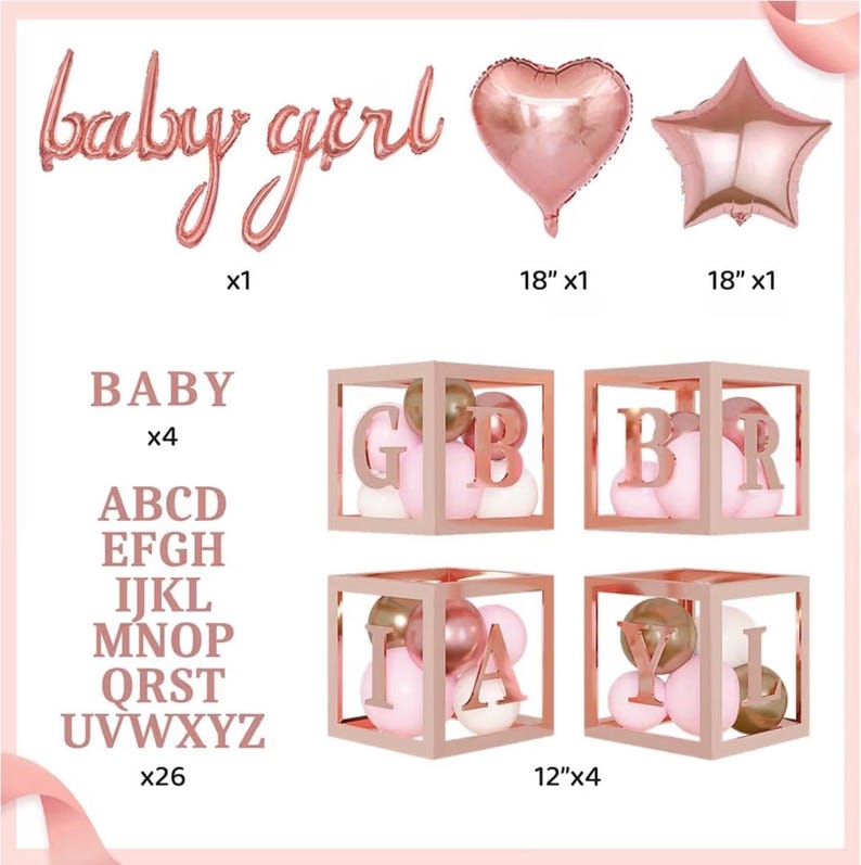 134pcs Rose Gold Balloons Baby Shower Decorations for Girl Boxes, Butterfly Stickers Balloon Garland Arch Kit Baby Box with Letter (A-Z+Baby