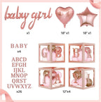 134pcs Rose Gold Balloons Baby Shower Decorations for Girl Boxes, Butterfly Stickers Balloon Garland Arch Kit Baby Box with Letter (A-Z+Baby