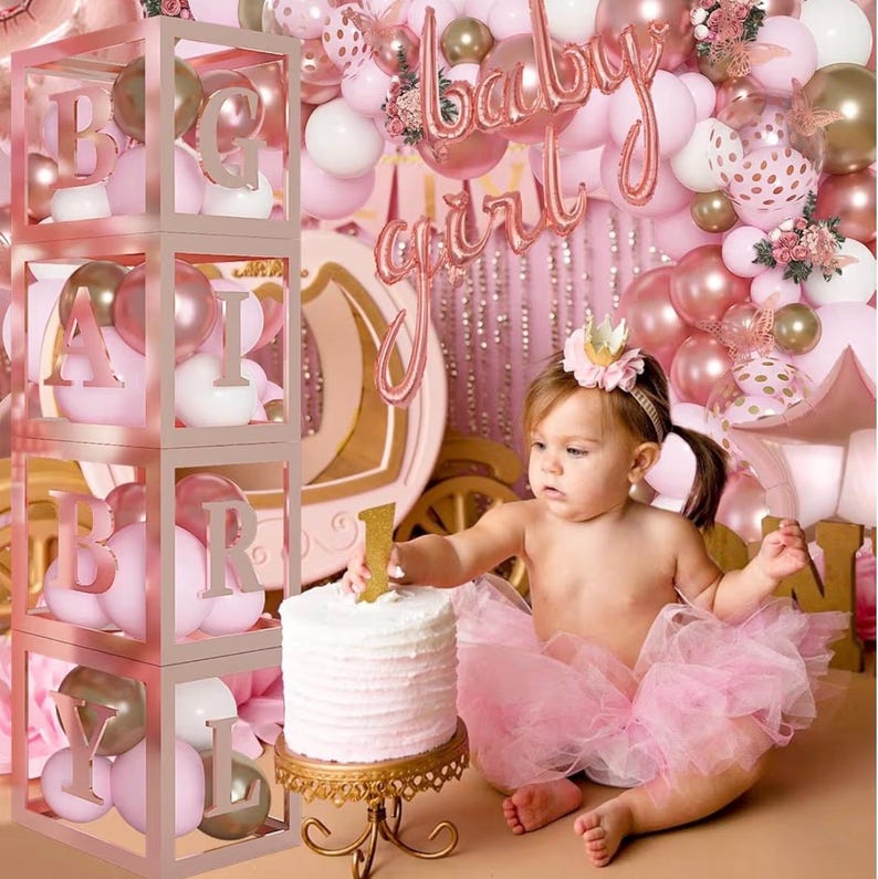 134pcs Rose Gold Balloons Baby Shower Decorations for Girl Boxes, Butterfly Stickers Balloon Garland Arch Kit Baby Box with Letter (A-Z+Baby