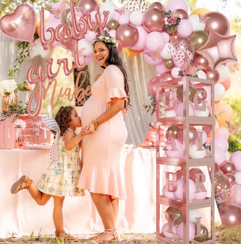 134pcs Rose Gold Balloons Baby Shower Decorations for Girl Boxes, Butterfly Stickers Balloon Garland Arch Kit Baby Box with Letter (A-Z+Baby