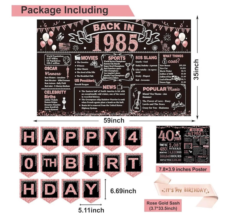 40th Birthday Decorations for Women,32PCS 40th birthday party kits,Including Vintage 1985 Backdrop,banner,Anniversary Card,Honeycomb,Balloon