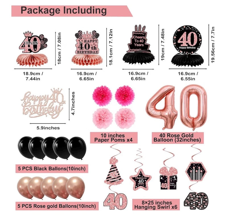 40th Birthday Decorations for Women,32PCS 40th birthday party kits,Including Vintage 1985 Backdrop,banner,Anniversary Card,Honeycomb,Balloon
