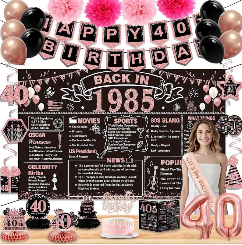 40th Birthday Decorations for Women,32PCS 40th birthday party kits,Including Vintage 1985 Backdrop,banner,Anniversary Card,Honeycomb,Balloon