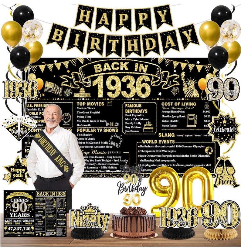 90th Birthday Decorations for Men, Black Gold Back in 1936 Party Supplies Kit with Banner, Backdrop, Sash, Balloons, Cake Topper & Honeycomb