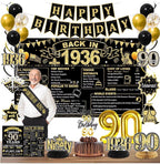 90th Birthday Decorations for Men, Black Gold Back in 1936 Party Supplies Kit with Banner, Backdrop, Sash, Balloons, Cake Topper & Honeycomb