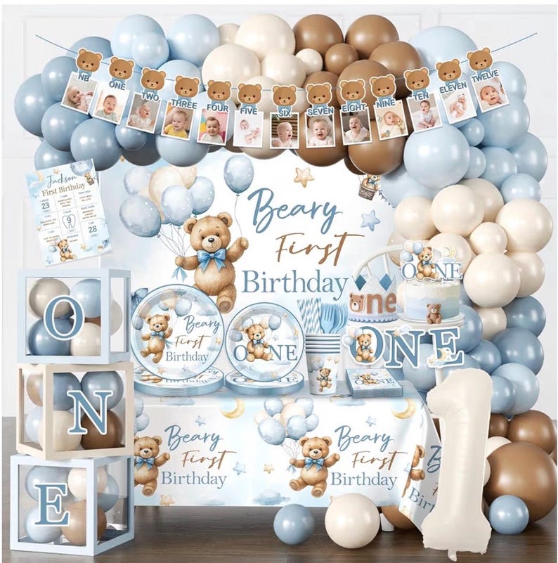 232 Pcs Beary First Birthday Decorations, Teddy Bear One Year Old Birthday Balloon Garland, Banners, Baby First Teddy Bear Backdrop, Plates