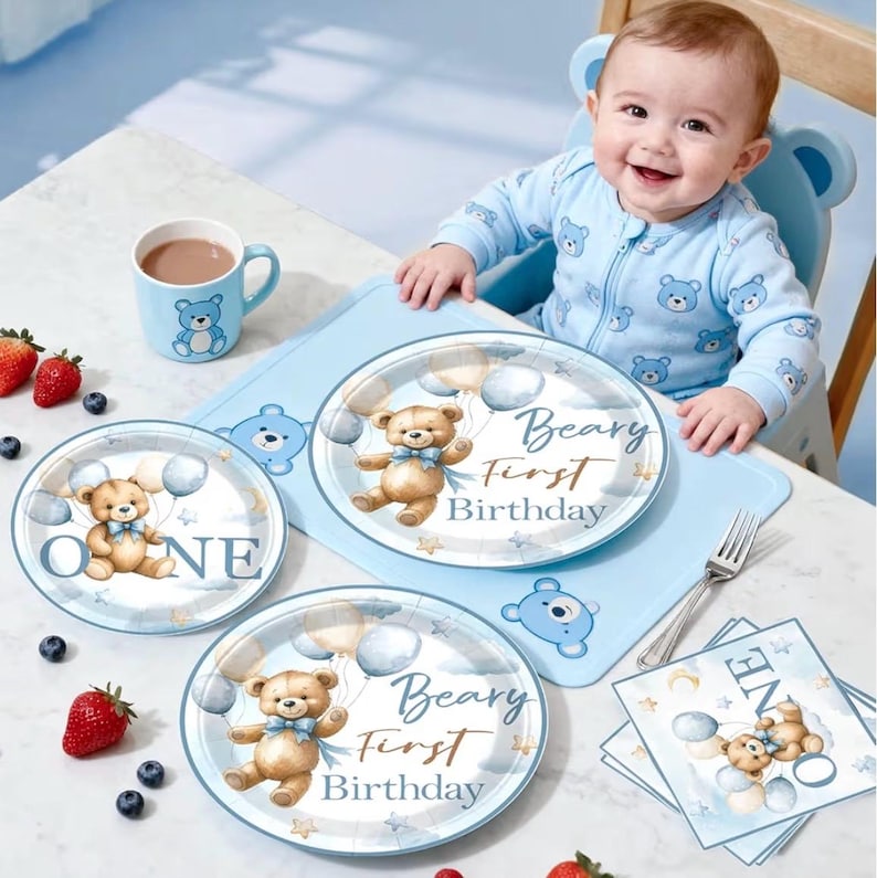 232 Pcs Beary First Birthday Decorations, Teddy Bear One Year Old Birthday Balloon Garland, Banners, Baby First Teddy Bear Backdrop, Plates